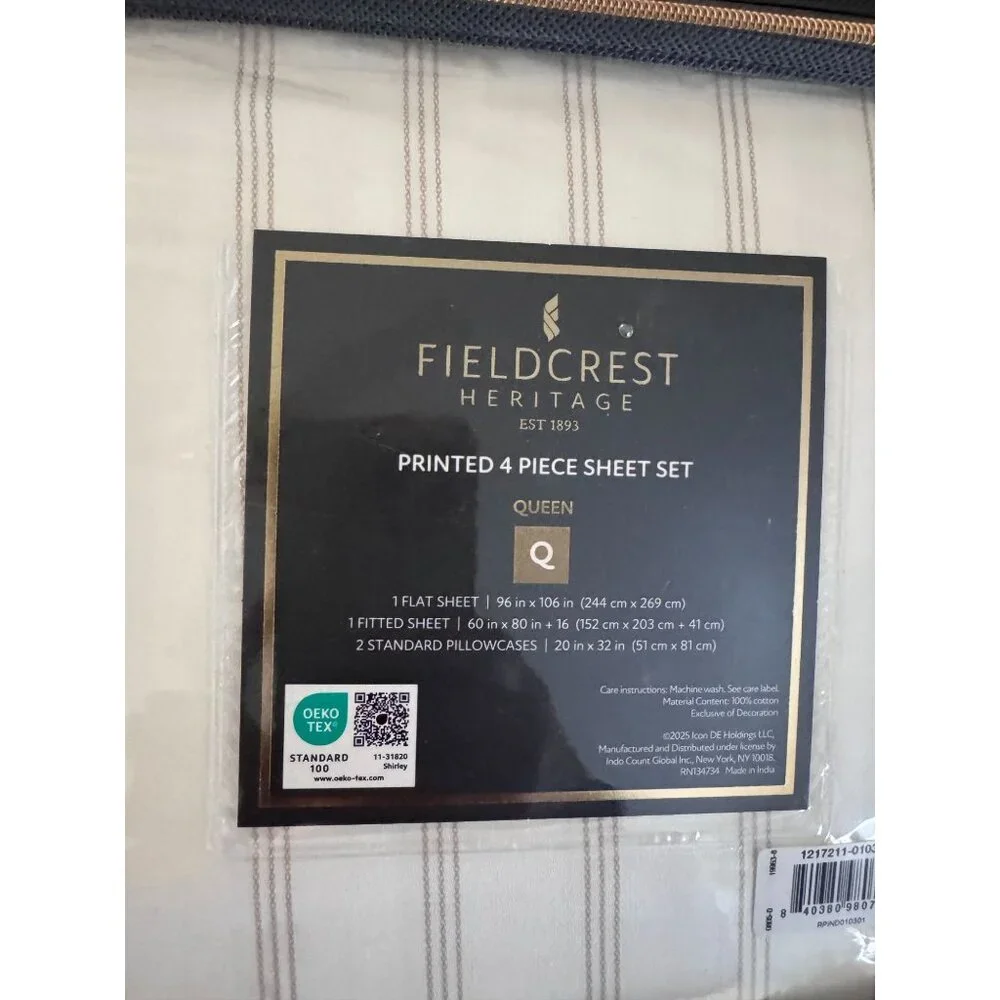 Fieldcrest Heritage 4-Piece Printed Queen Sheet Set 400TC 100% Cotton Chain Stri